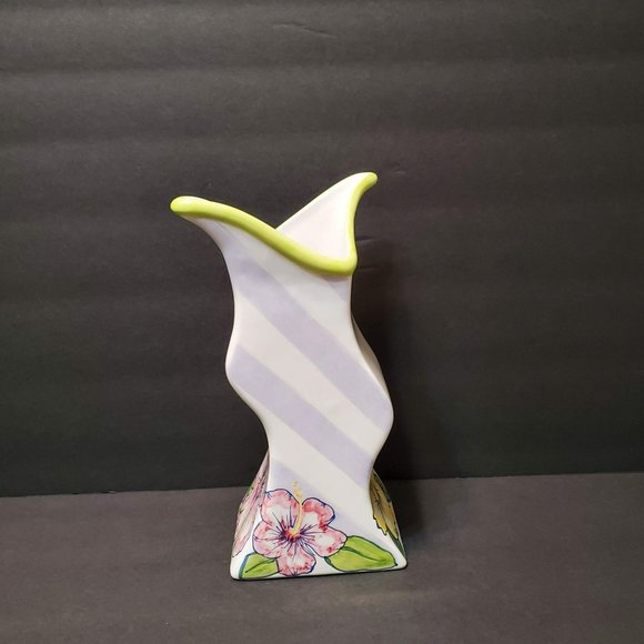 Asymmetrical Ceramic Vase, Tika, Lotus International, Painted Hibiscus Flowers - Picture 5 of 10